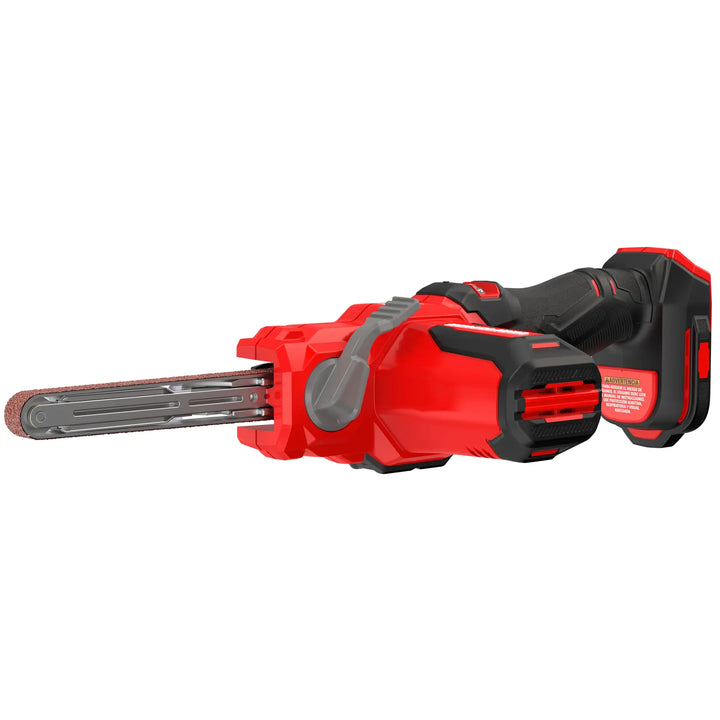 Photo of Craftsman cordless detail belt sander CMCW211B, red and black, angled on white background.