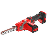Photo of Craftsman cordless belt sander CMCW211B, red and black, side angle, on white background.