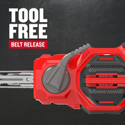 Photo of Craftsman graphics CMCW211B, close-up of tool-free belt release lever on red and black surface.