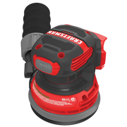 Photo of Craftsman cordless random orbital sander, CMCW220B, red and black, close-up angle on white background.