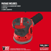 CRAFTSMAN random orbit sander CMCW220B, red and black, front angle on red background.
