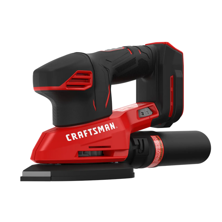 Photo of Craftsman cordless detail sander CMCW221B in red and black, side angle, with dust collection attachment.