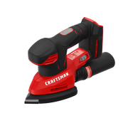 Photo of Craftsman cordless detail sander CMCW221B, red and black, side angle on white background.