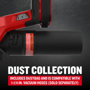 Photo of Craftsman CMCW221B graphics showing close-up of dust collection port and warning label, red and black color.