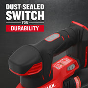 Photo of Craftsman graphics tool, SKU CMCW221B, close-up showing dust-sealed switch and red accents.