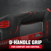 Craftsman graphics showing close-up D-handle grip on power tool, SKU CMCW221B, black and red finish.