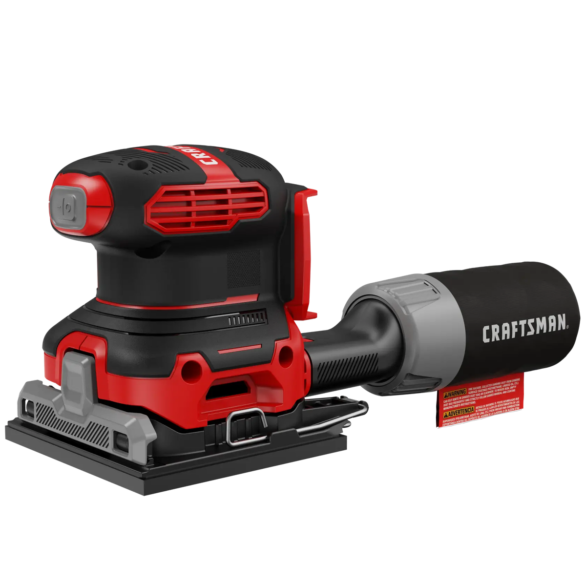 Photo of CRAFTSMAN CMCW222B cordless sheet sander, red and black, with dust collection bag, side view on white background.