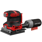 Photo of CRAFTSMAN CMCW222B cordless sheet sander, red and black, with dust collection bag, side view on white background.