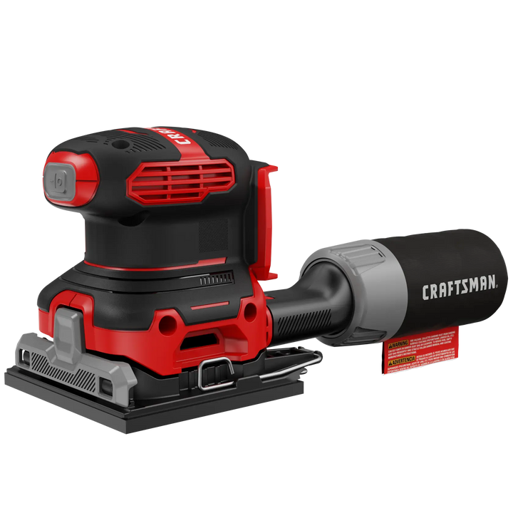 Photo of CRAFTSMAN CMCW222B cordless sheet sander, red and black, with dust collection bag, side view on white background.