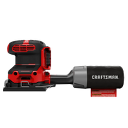 Photo of Craftsman CMCW222B cordless sheet sander, red and black, side view with dust bag.