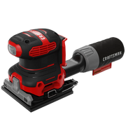 Photo of Craftsman CMCW222B cordless sheet sander, red and black, side angle on white background.