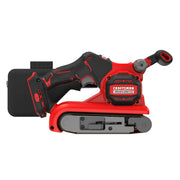 Photo of Craftsman cordless belt sander CMCW223B, red and black, side angle, with visible battery pack.