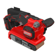 Photo of Craftsman CMCW223B cordless belt sander, red and black, angled view on white background.