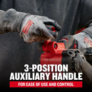 Close-up of Craftsman CMCW223B power tool with gloved hands adjusting 3-position auxiliary handle.