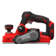 Photo of Craftsman cordless planer CMCW350B, red and black finish, side angle on white background.
