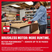 Photo of a person using a Craftsman cordless sander CMCW350B on a wood slab in a workshop, battery and charger sold separately.