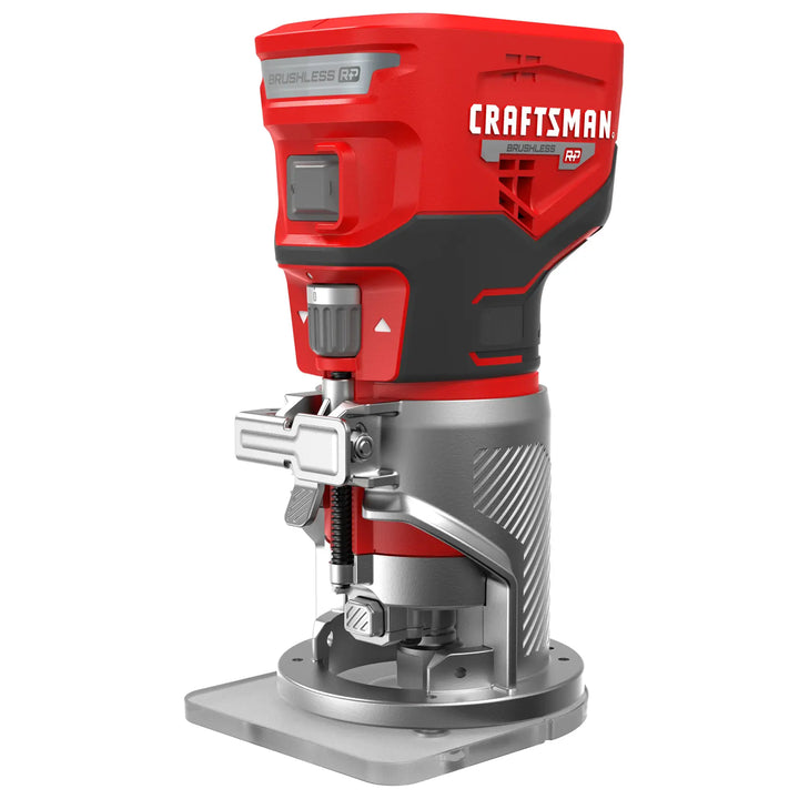Front angle photo of Craftsman cordless brushless router CMCW400B, red and silver, on white background.