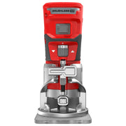 Front angle photo of Craftsman cordless compact router CMCW400B in red and silver with brushless motor.