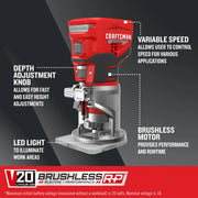 Photo of Craftsman cordless router CMCW400B with red and black design, brushless motor, depth knob, LED, front angle.