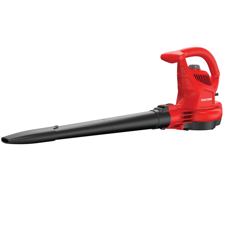 Photo of Craftsman electric leaf blower, red and black, SKU CMEBL700, side angle on white background.