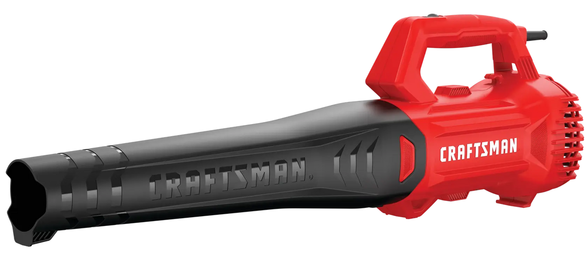 Photo of Craftsman electric blower CMEBL710, red and black, side angle on white background.