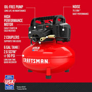 Front angle photo of Craftsman CMEC6150K 6-gallon red air compressor on red background with features highlighted.