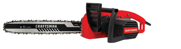Photo of Craftsman CMECS600 electric chainsaw, red and black, side angle on white background.