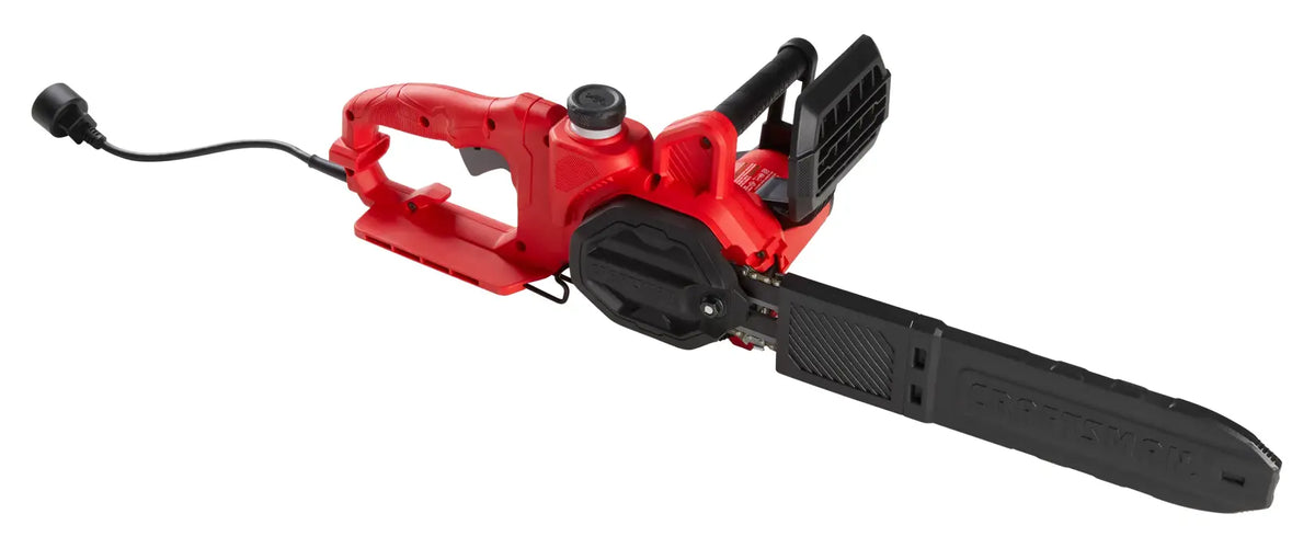 Photo of Craftsman CMECS614 electric chainsaw, red body with black blade cover, side angle on white background.