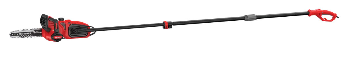Photo of Craftsman electric pole saw CMECSP610, red and black, side view, extended shaft on white background.