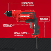 Photo of Craftsman corded drill CMED731 with keyless chuck, lock-on trigger, and variable speed, left side view.