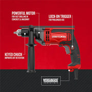 Photo of Craftsman hammer drill CMED741, red and black, side angle, showing keyed chuck and lock-on trigger.