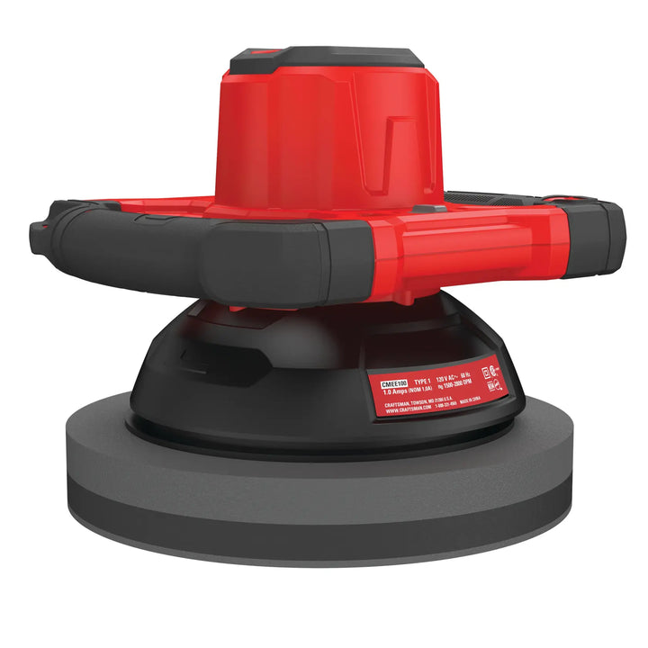 Photo of CRAFTSMAN CMEE100 random orbit polisher, red and black body, front angle, on white background.