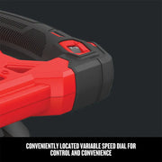 Photo of CRAFTSMAN graphics tool CMEE100 showing variable speed dial on a black and red handle, angled view.