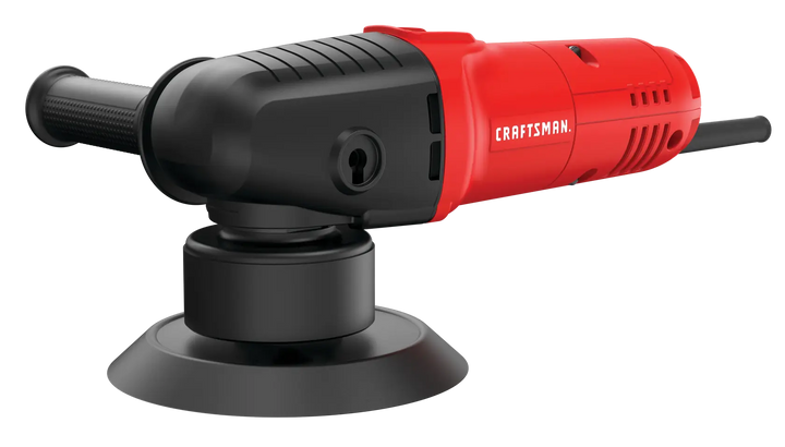 Photo of Craftsman CMEE145 electric polisher in red and black, side angle, with auxiliary handle and power cord.