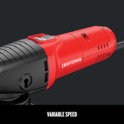 Photo of Craftsman graphics tool CMEE145 variable speed showing red and black body, side angle.