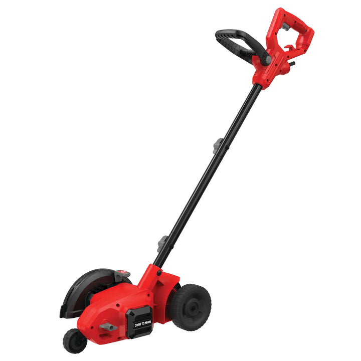 Photo of a red and black Craftsman electric edger CMEED400, side angle on white background.