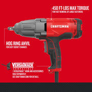 Photo of Craftsman corded impact wrench CMEF901, side angle, red and black, hog ring anvil, VersaTrack compatible.