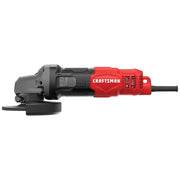 Side view photo of Craftsman CMEG100 angle grinder, black and red body, visible disc and power cord.