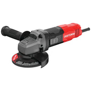Front angle photo of Craftsman CMEG100 corded angle grinder with red and black handle, side grip, and grinding disc.