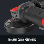 Craftsman graphics close-up of CMEG200 angle grinder showing tool-free guard positioning feature.
