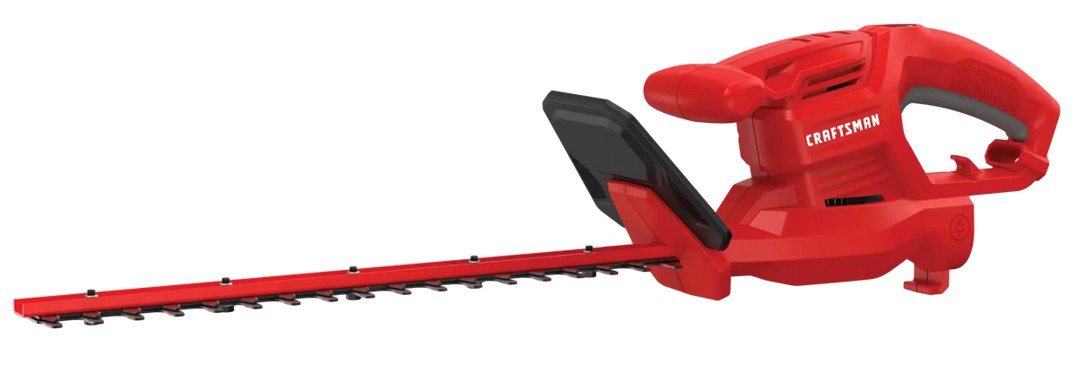 Photo of Craftsman CMEHT150 hedge trimmer, red and black, side angle on white background.