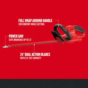 Craftsman hedge trimmer CMEHTS8022 with black handle and 24-inch dual action blades, side angle on red background.