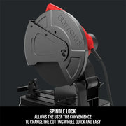 Craftsman cut-off saw CMEM2500 side view, black and red design, spindle lock feature highlighted.