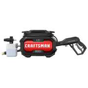 Front angle photo of Craftsman electric pressure washer CMEPW1800, black and red unit with hose, spray gun, and detergent tank.