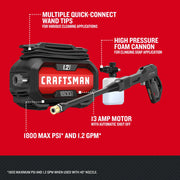 Photo of CRAFTSMAN CMEPW1800 pressure washer with wand, foam cannon, and 1800 PSI max displayed.