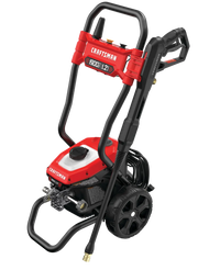 Photo of CRAFTSMAN CMEPW1900 electric pressure washer, red and black, upright with wheels, front angle on white background.
