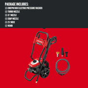 Front angle photo of Craftsman CMEPW1900 electric pressure washer with wand, three nozzles, and coiled 25' hose on red background.