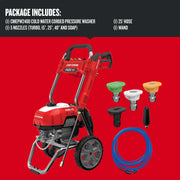 Photo of Craftsman CMEPW2400 pressure washer with hose, wand, and five color-coded nozzles on red background.