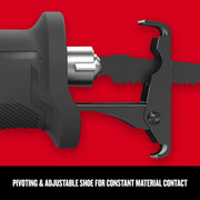 Craftsman reciprocating saw close-up showing blade and adjustable shoe, SKU CMES300, on red background.