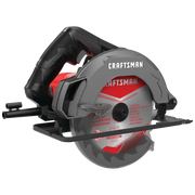 Photo of Craftsman CMES500 circular saw, side angle, gray and red design, visible blade guard on white background.